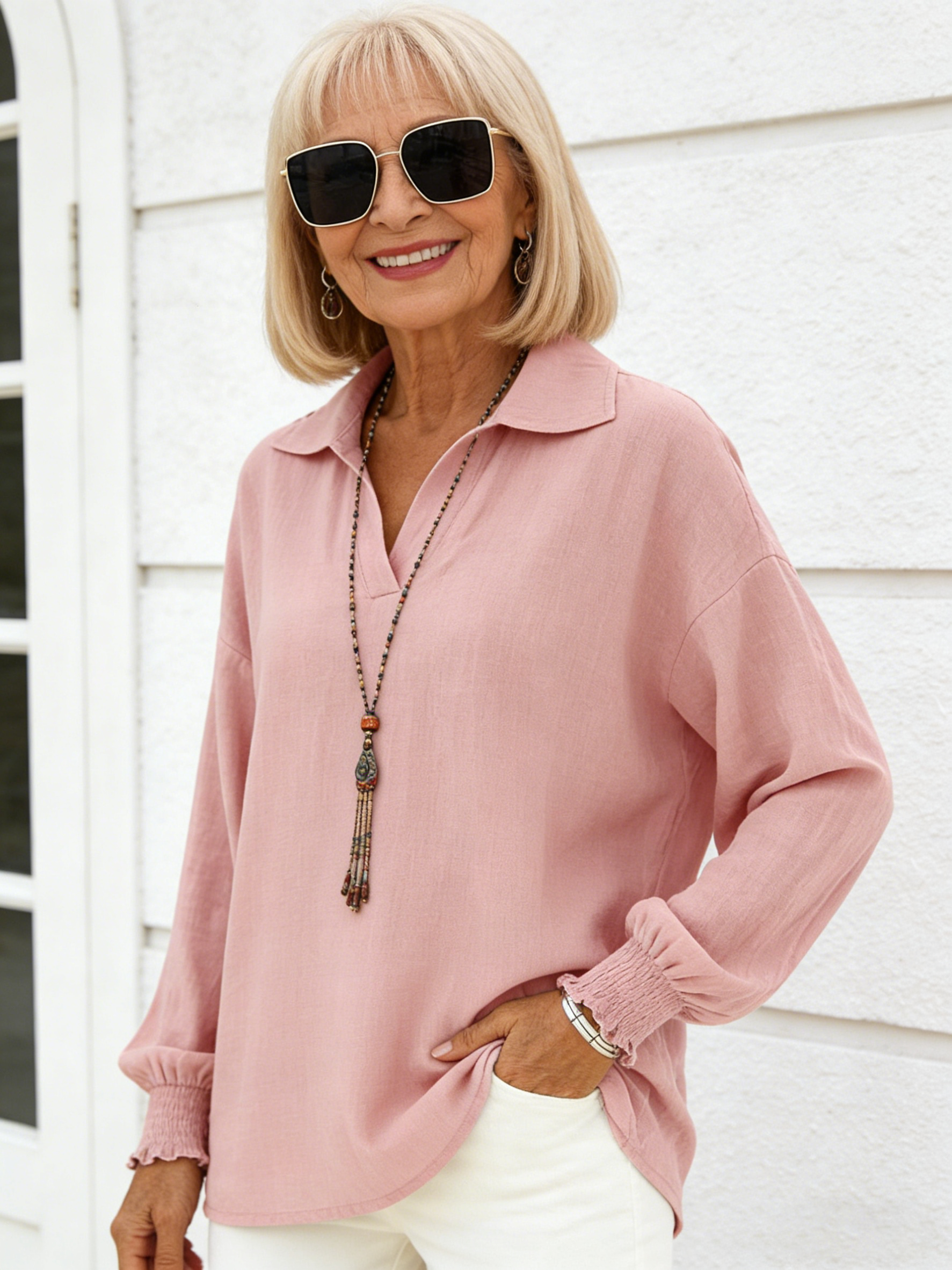 Pure Cotton Solid Color Casual Loose Fashion Lapel Long-sleeved Top