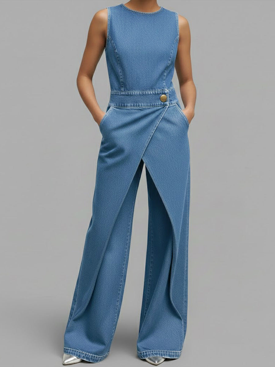 Women's Relaxed Round Neck Sleeveless Casual Loose Denim Wide-leg Jumpsuit