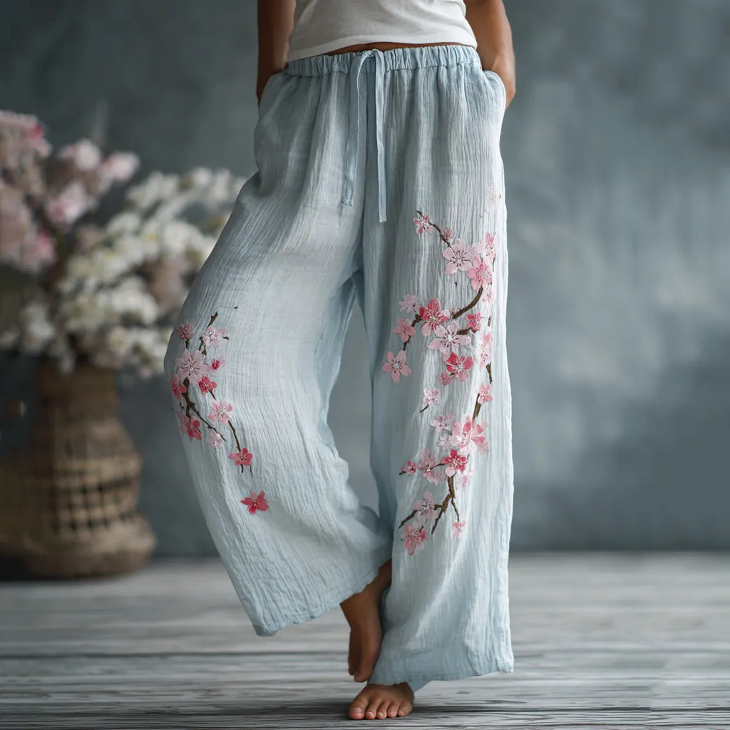 Women's Japanese Floral Pattern Linen Pants