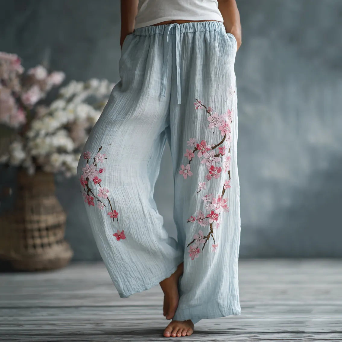 Women's Japanese Floral Pattern Linen Pants