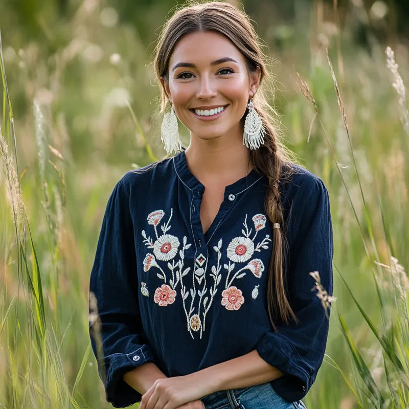 Women's Mexican Bohemian Floral Embroidered Navy Blue Blouse