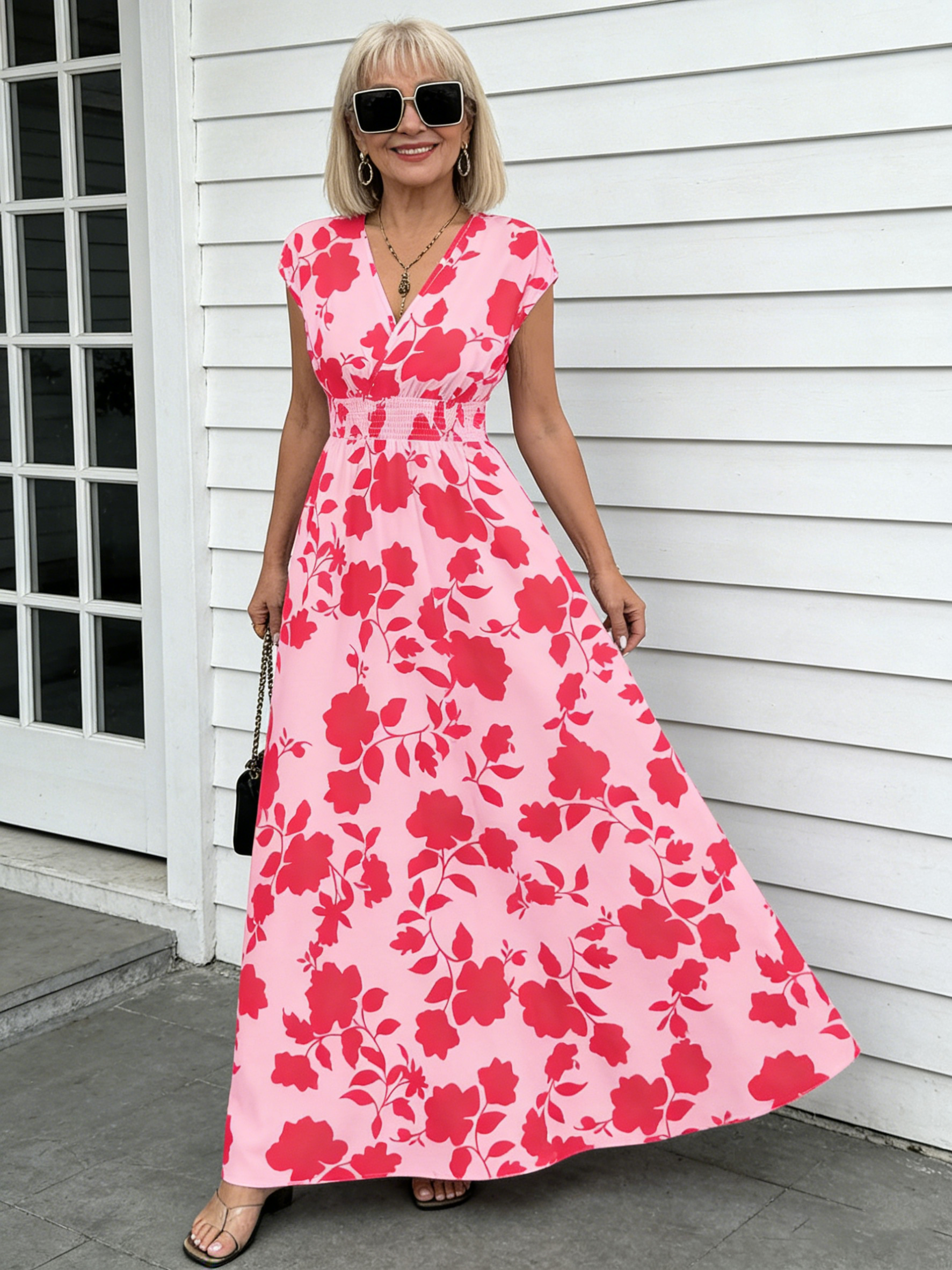 Short Sleeve Lace-Up Dress Printed V-Neck Long Dress Summer Waist Women's Clothing