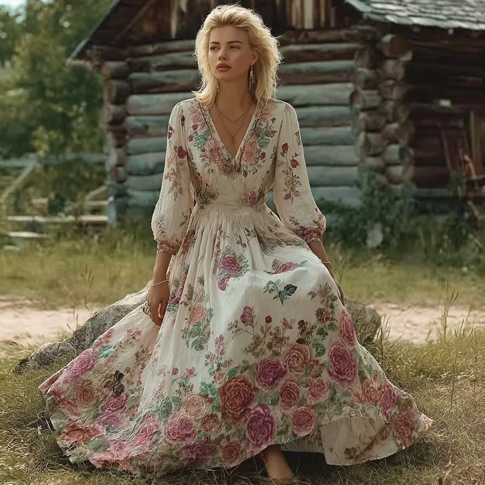 Bohemian Style Floral Butterfly Pattern Women's V-neck Dress