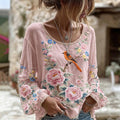 Women's Floral And Bird Print Crew Neck Long Sleeve Linen Blend T-shirt