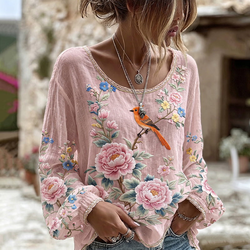 Women's Floral And Bird Print Crew Neck Long Sleeve Linen Blend T-shirt