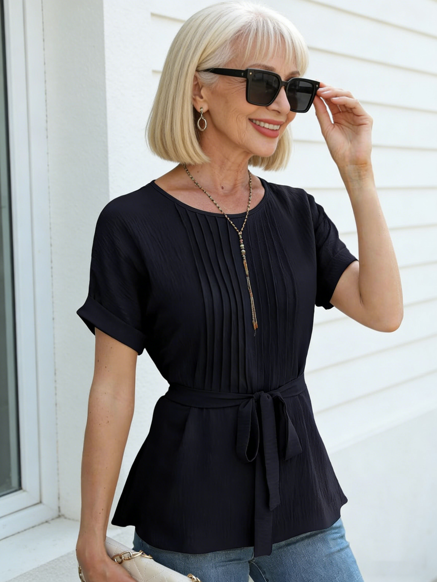 Casual Shirt Ruffle Pleated Round Neck Short-sleeved Top Fashion Women