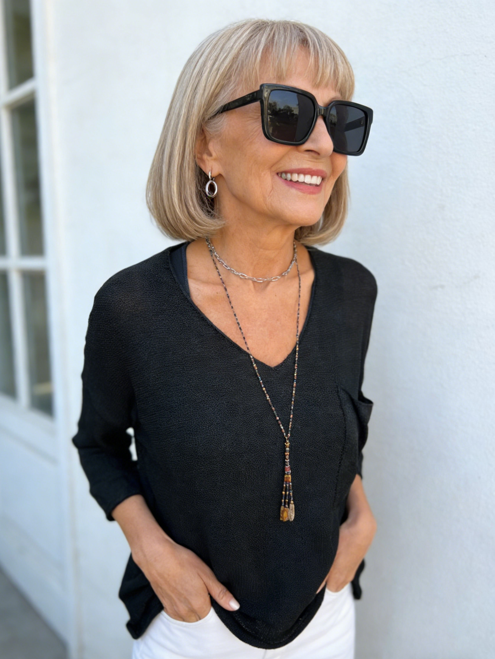 V-Neck Long Sleeve Pocket Casual Knitted Sweater Top