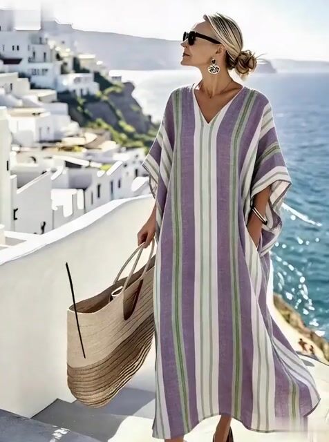 Women'S Casual Color-Block Striped Dress