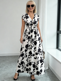 Short Sleeve Lace-Up Dress Printed V-Neck Long Dress Summer Waist Women's Clothing