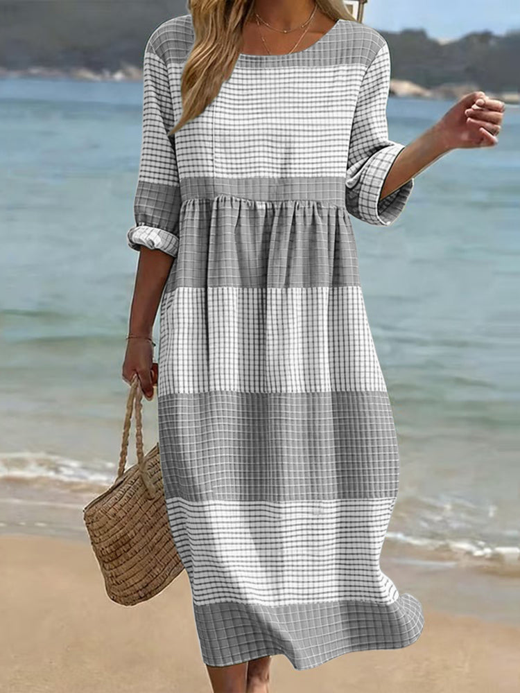Women's Japanese Color Block Art Linen-blend Maxi Dress