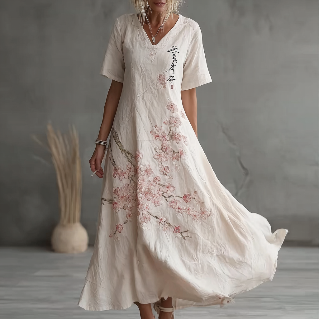 Sakura Embroidery Pattern Casual Linen Dress