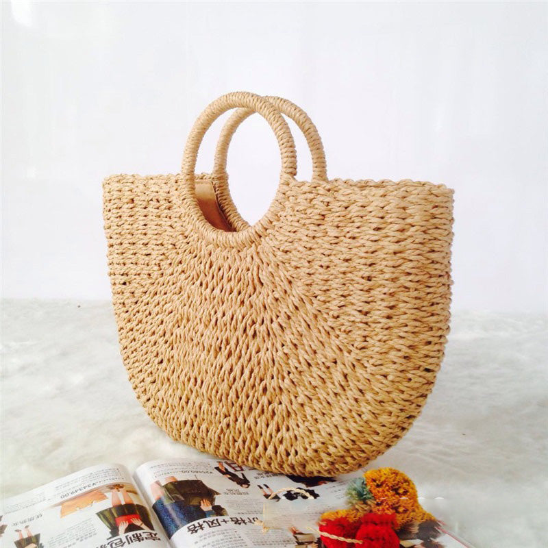 Straw Bag Versatile Women's Bag Casual Round Bucket Woven Straw Bag Vacation Beach Bag