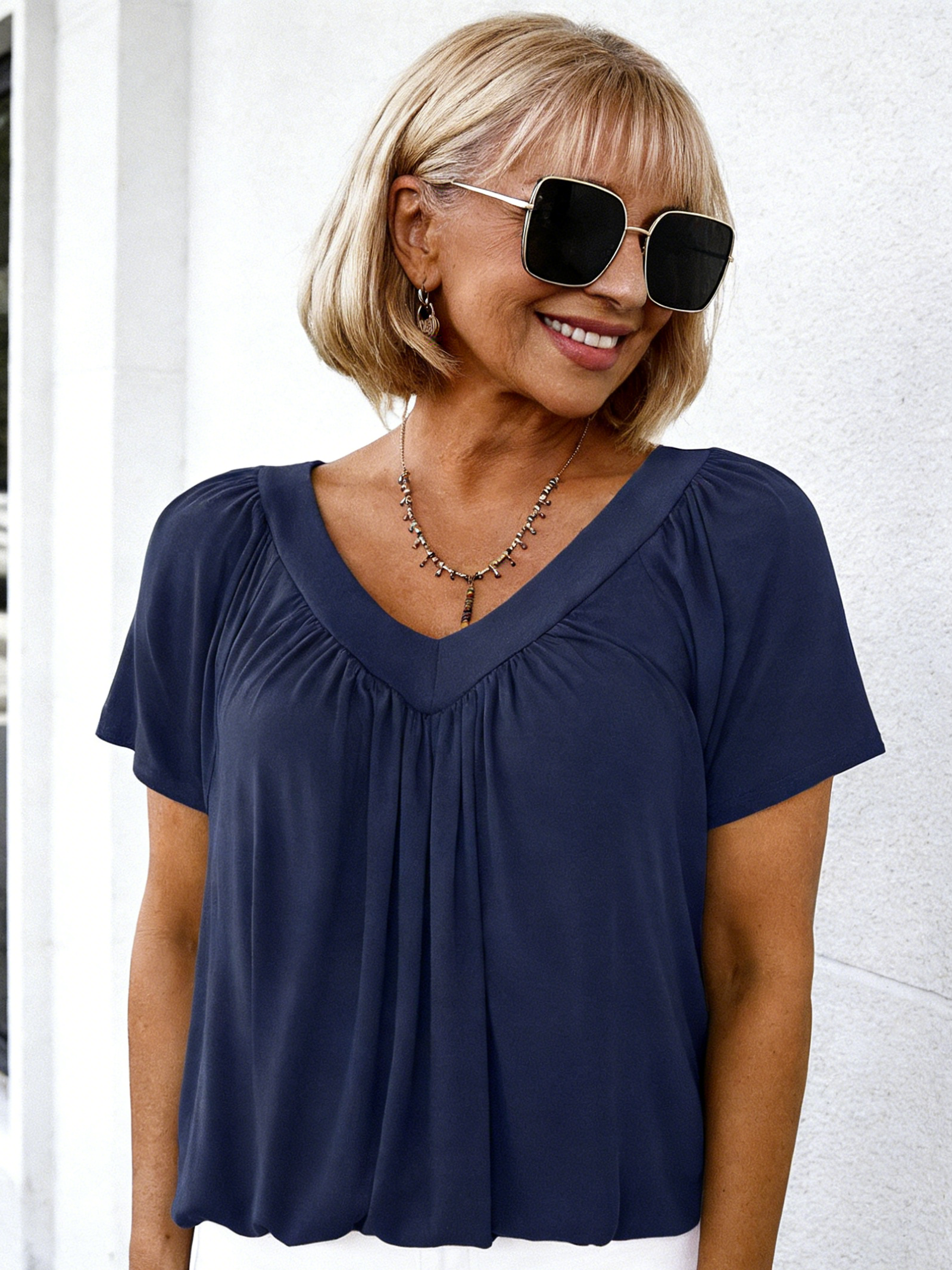 V-neck Shoulder Sleeve Pleated Casual Daily Home T-shirt