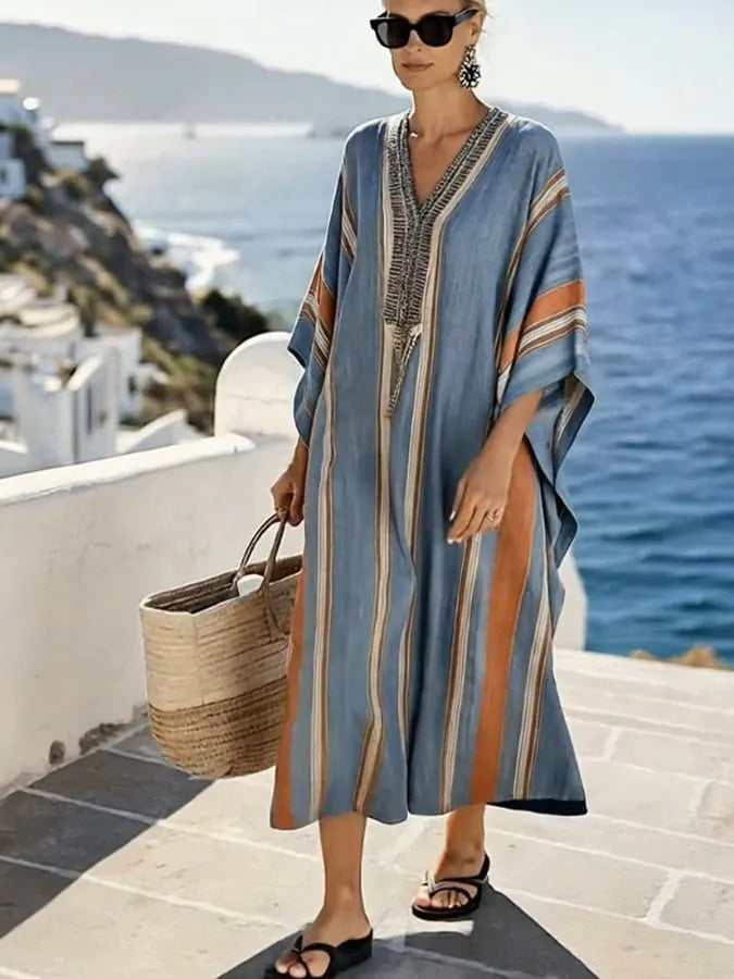 Women'S Casual Color-Block Cotton And Linen Dress