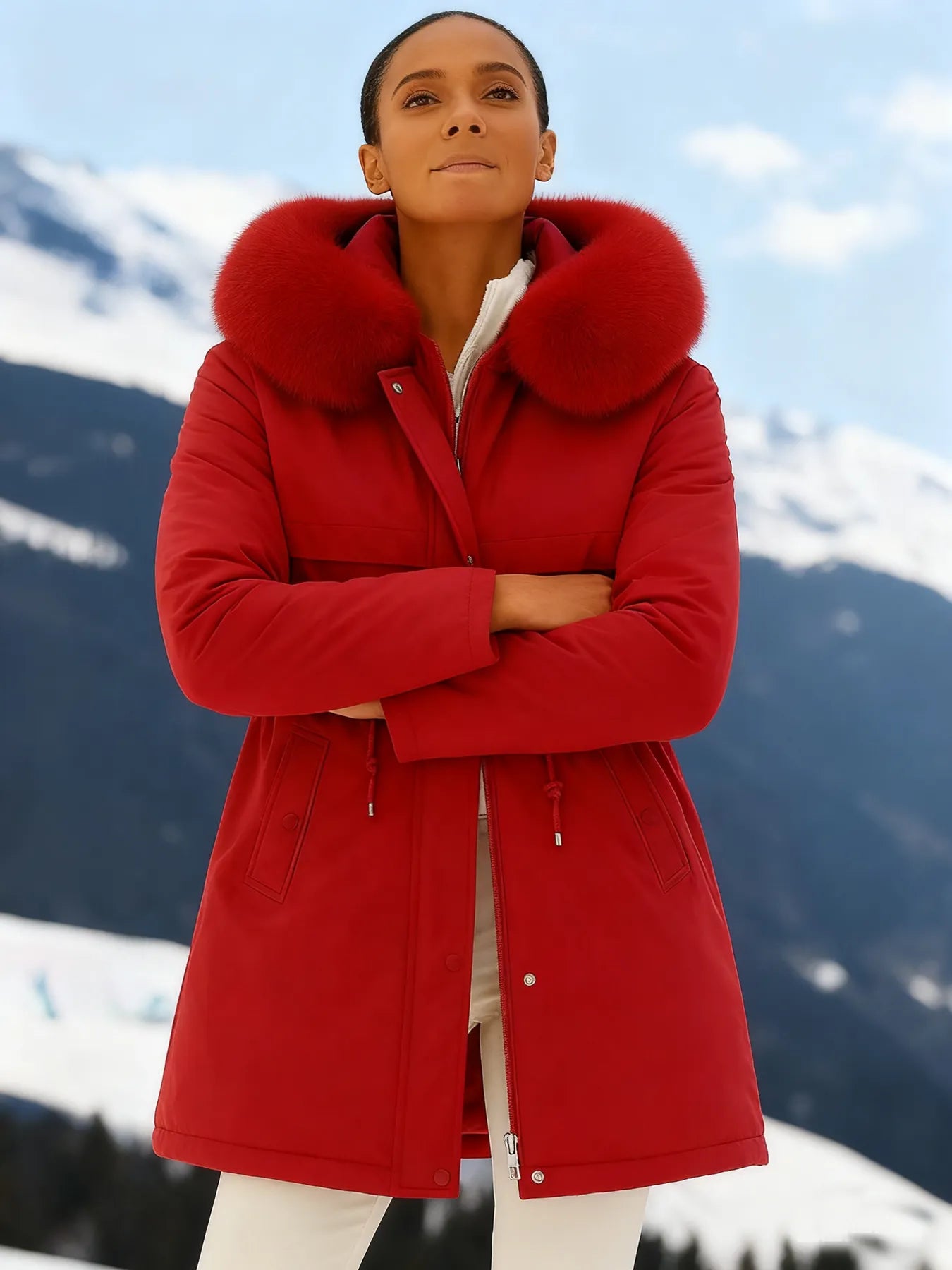 Outfits Cotton-padded Jacket Medium and Long, Large Fur Collar, Down Cotton-padded Jacket, Down Cotton-padded Jacket.