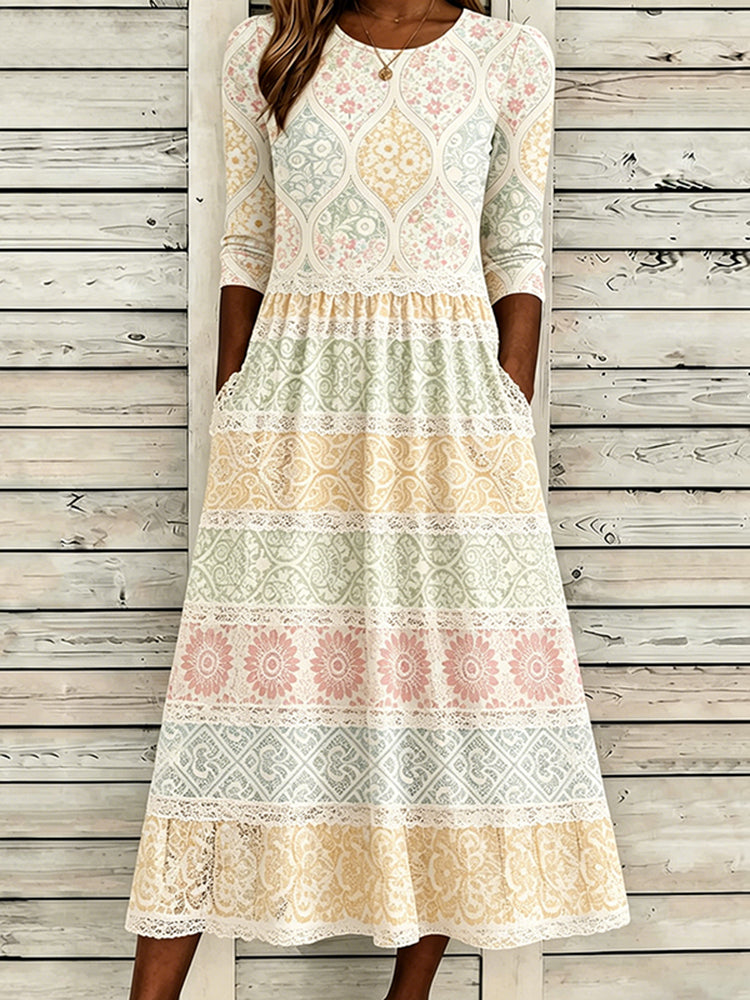 Women's Ethnic Macaron Contrast Color Patchwork Linen Dress