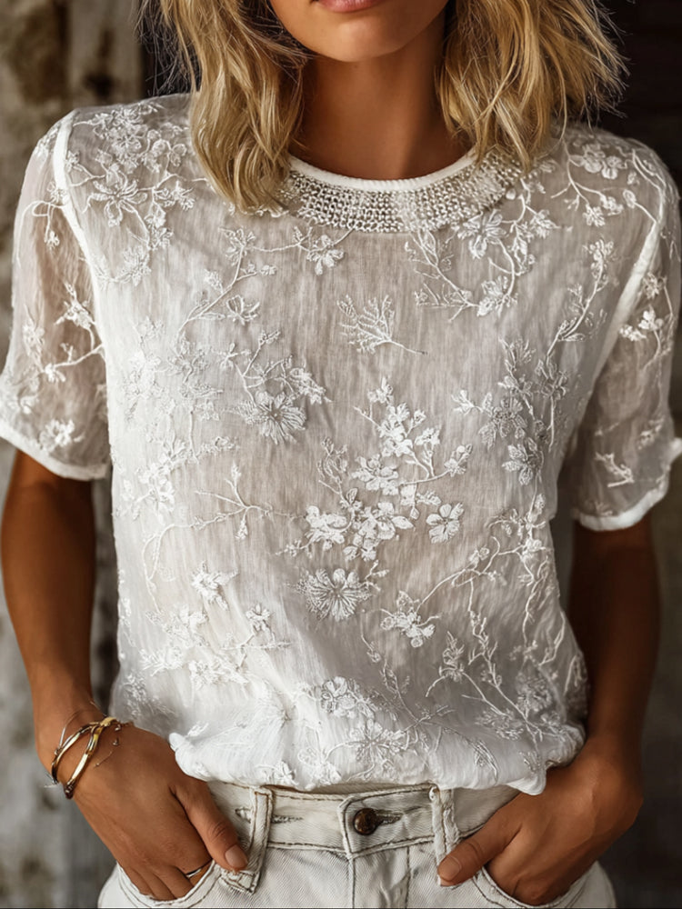 Vintage White Floral Art Embroidery Cotton Linen Casual Short Sleeve Top