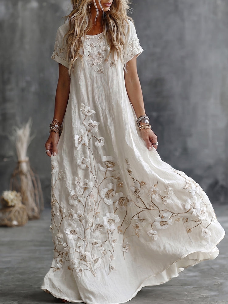 Women's Vintage White Floral Art Crew Neck Linen Maxi Dress