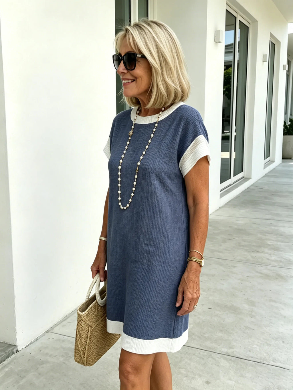 Textured Fabric Casual Contrast Twist Strip Short Sleeve Pocket Dress