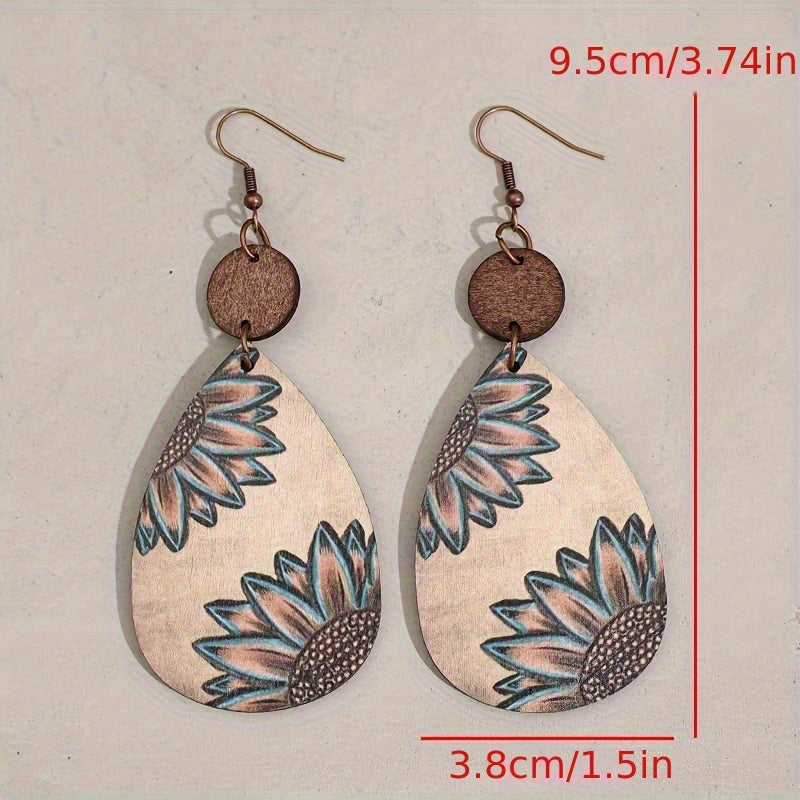 Unique Droplet Shape Wooden Dangle Earrings - Retro Bohemian Style, Sunflower Print, Trendy Female Ear Ornaments with Natural Wood Grain and Hypoallergenic Posts for Sensitive Skin - Perfect for Everyday Wear and Gift Giving