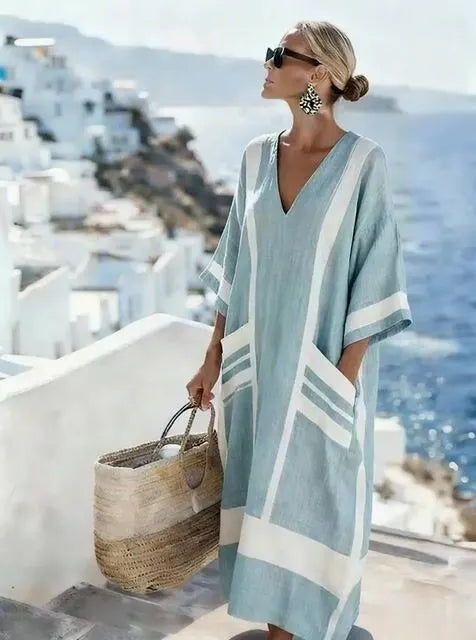 Women'S Casual Color-Block Cotton And Linen Dress