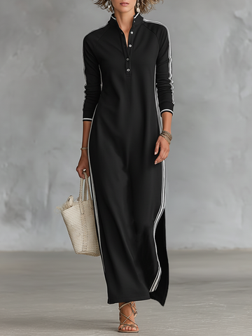 Women's Minimalist White-trimmed Button-down Collar Sweatshirt Dress Maxi Dress MDA0958L0Y