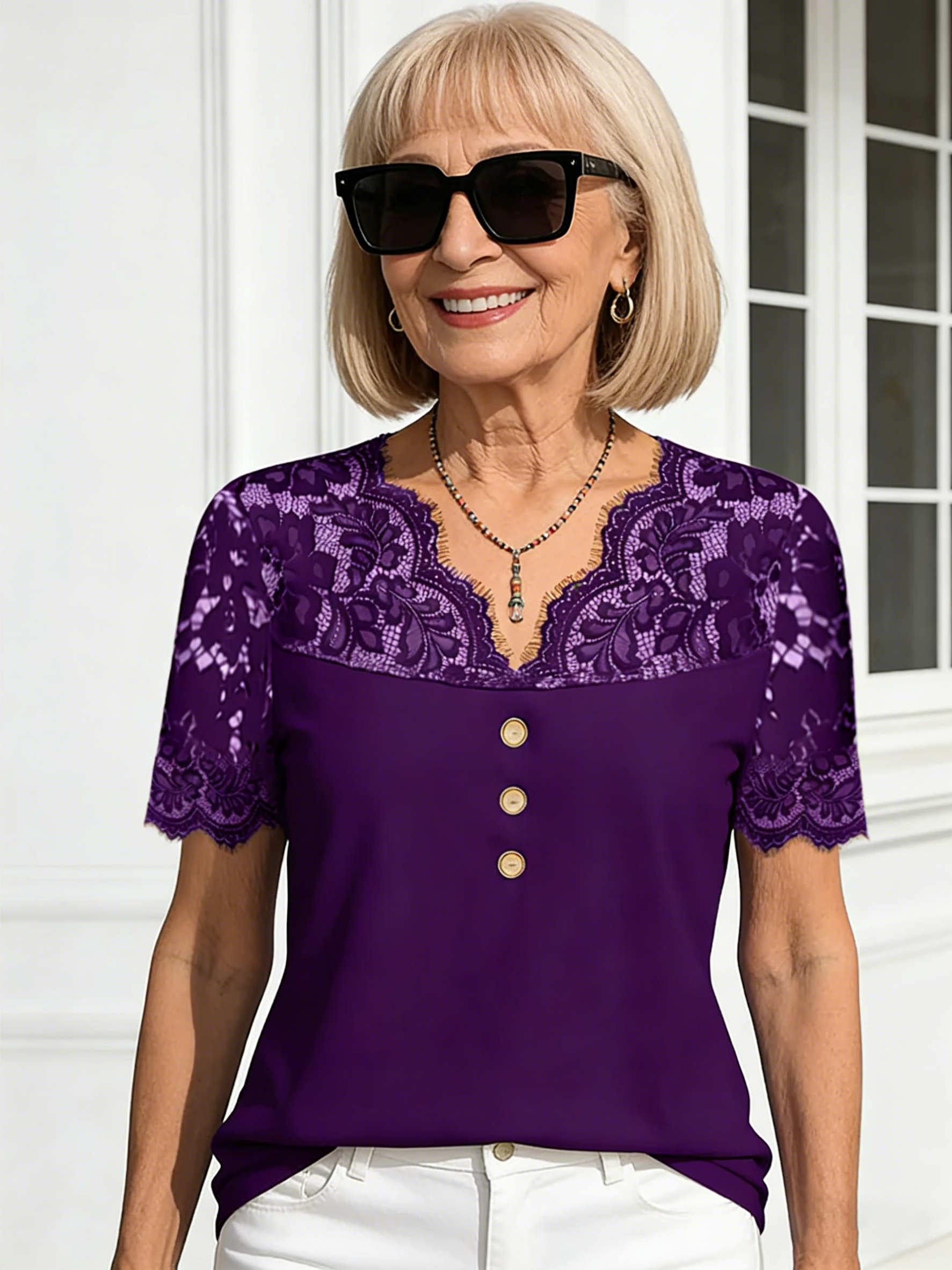 Solid Color Lace Short-sleeved V-neck, Casual Shirt