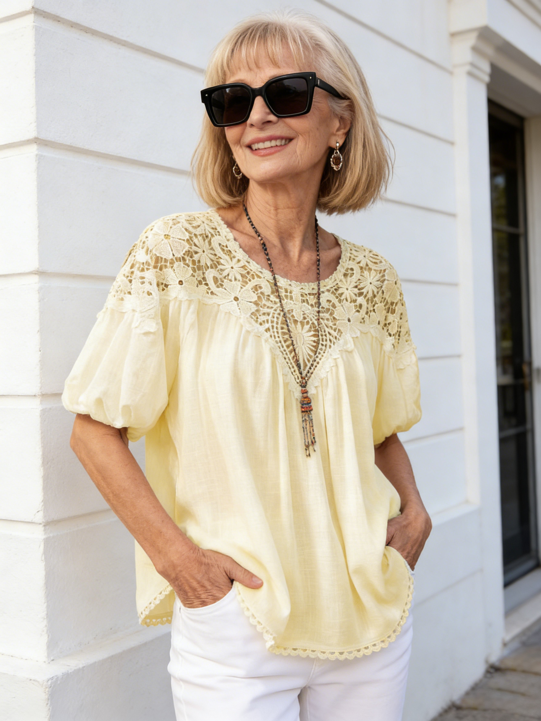 Casual Solid Color Lace Splicing Round Neck Short Sleeve Loose Women's Shirt