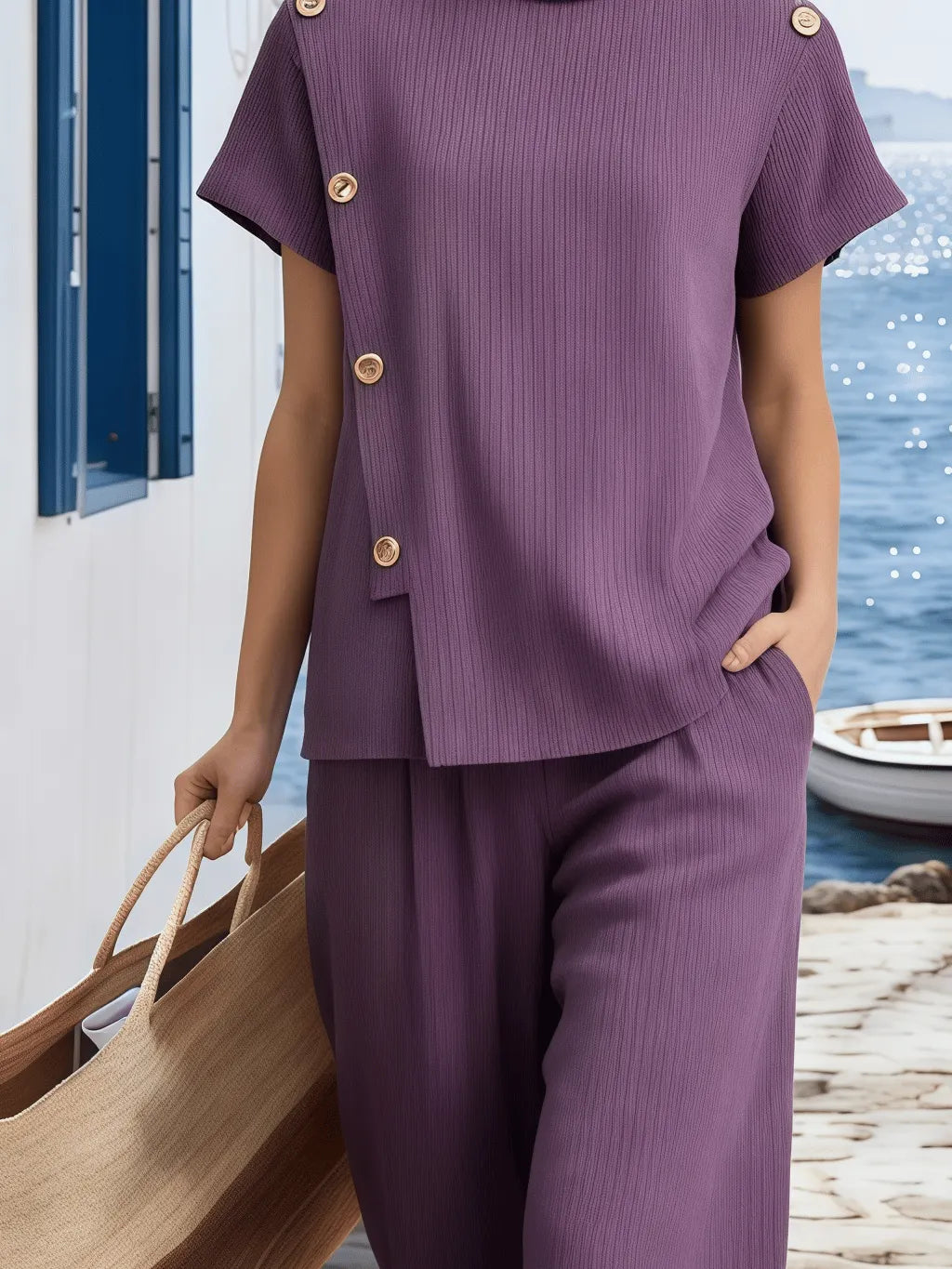 Women's Round Neck Button-Up Short-Sleeved Suit