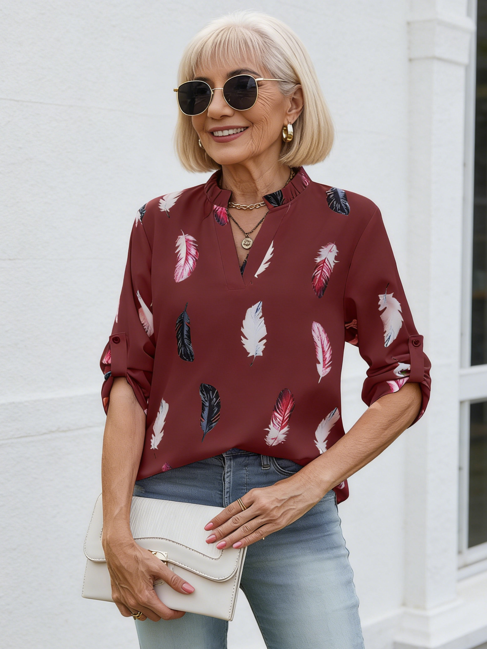 V-neck Feather Print Seven-quarter Sleeve Loose Shirt