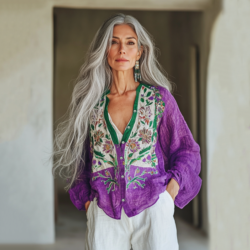 Bohemian Linen Floral Art Print Long Sleeve Loose Shirt