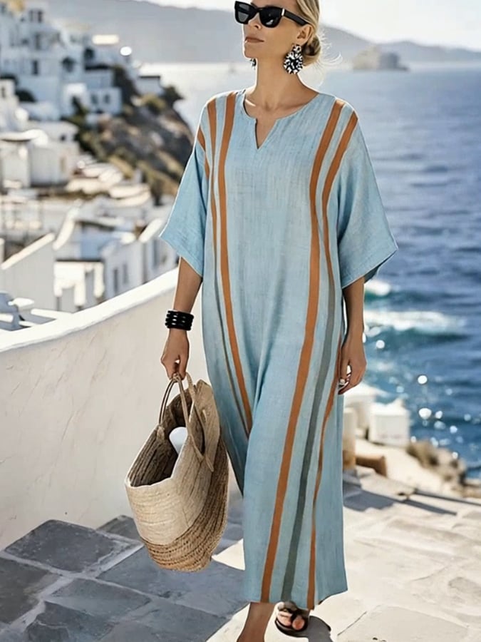 Women'S Casual Color-Block Cotton And Linen Dress