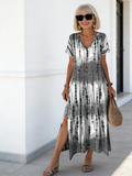 Tie Dye V-neck Dress, Elegant Split Short Sleeve Dress For Spring & Summer, Women's Clothing