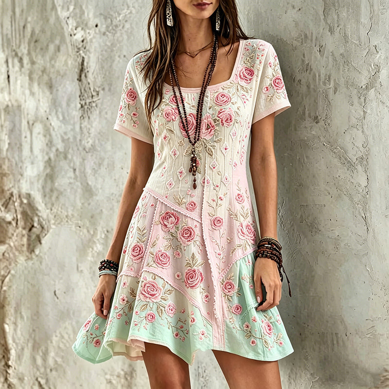 Women's Retro Rose Floral Embroidery Pattern Short Sleeve Linen Dress