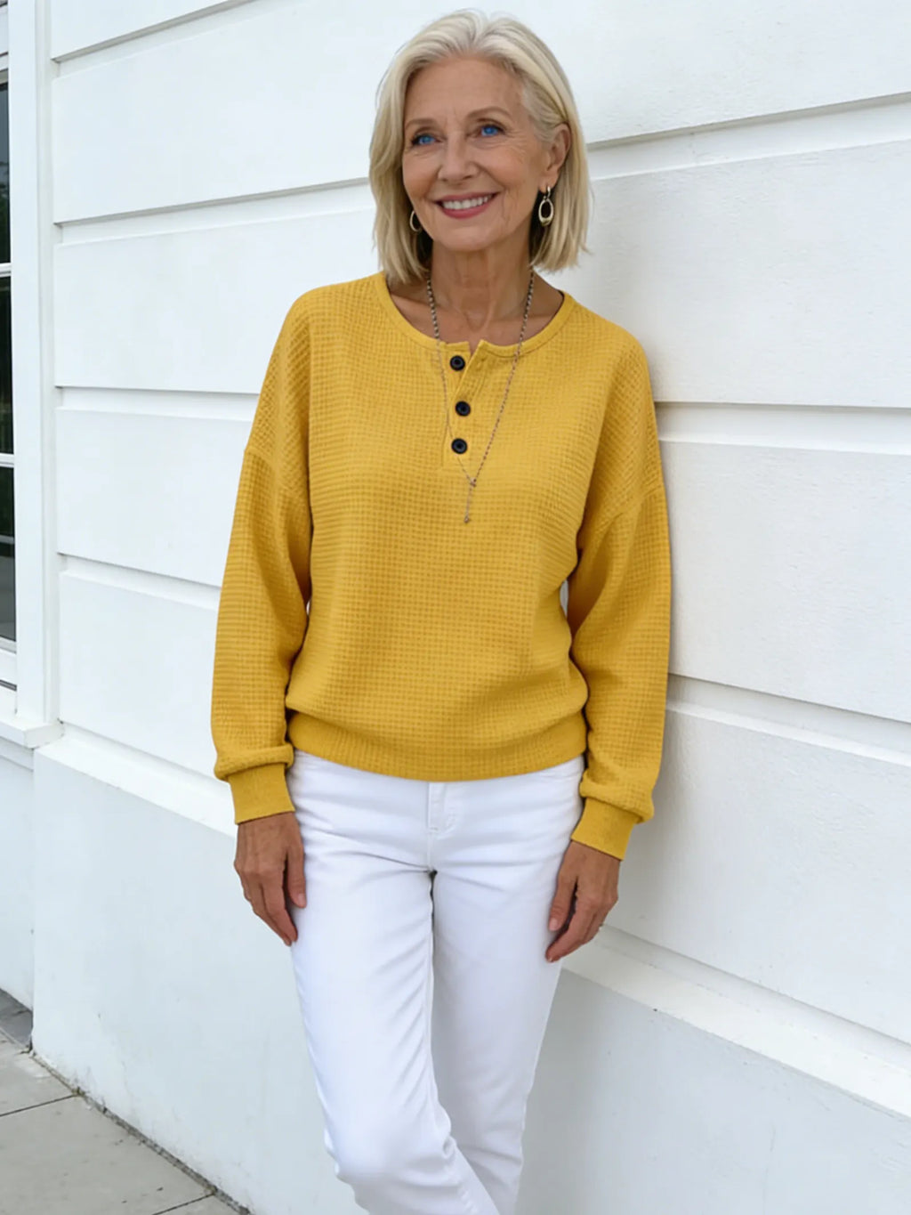 Crew Neck Waffle Solid Color Pullover Loose Top