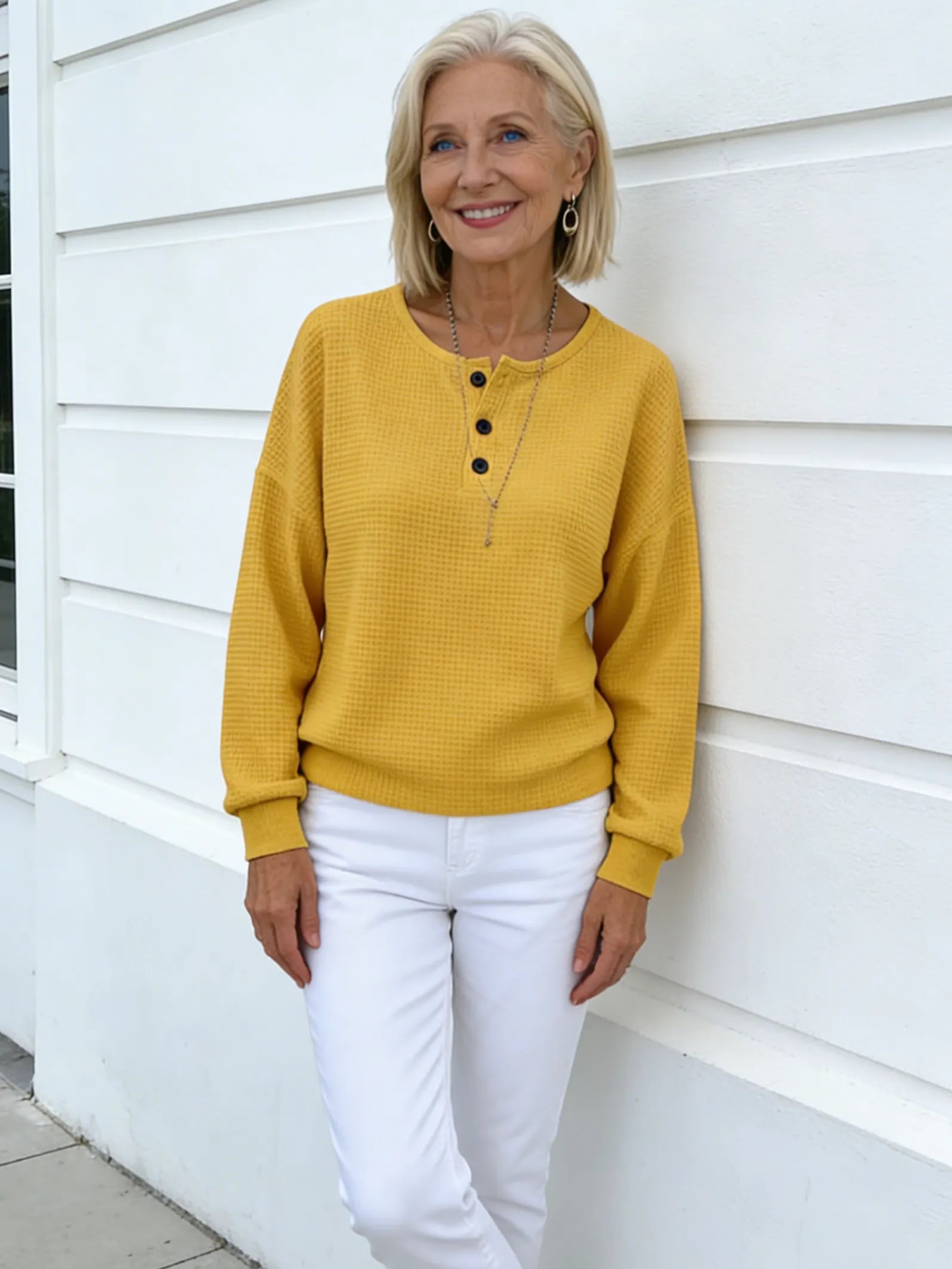 Crew Neck Waffle Solid Color Pullover Loose Top