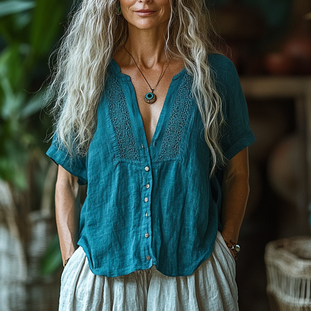 Women's Plain Linen Short-sleeved Shirt