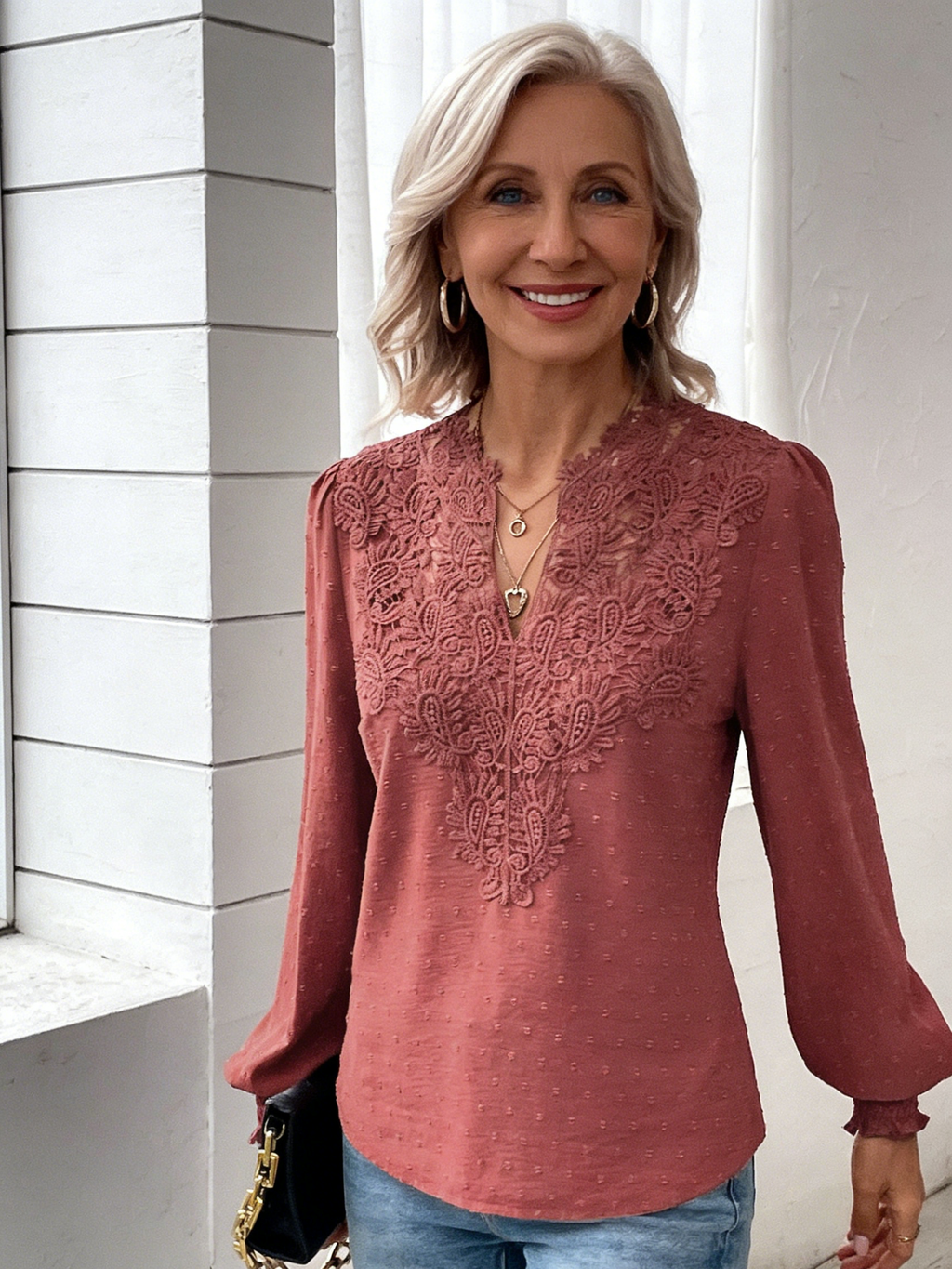 V-neck Lace Paneled Long Sleeve Casual Shirt Blouse