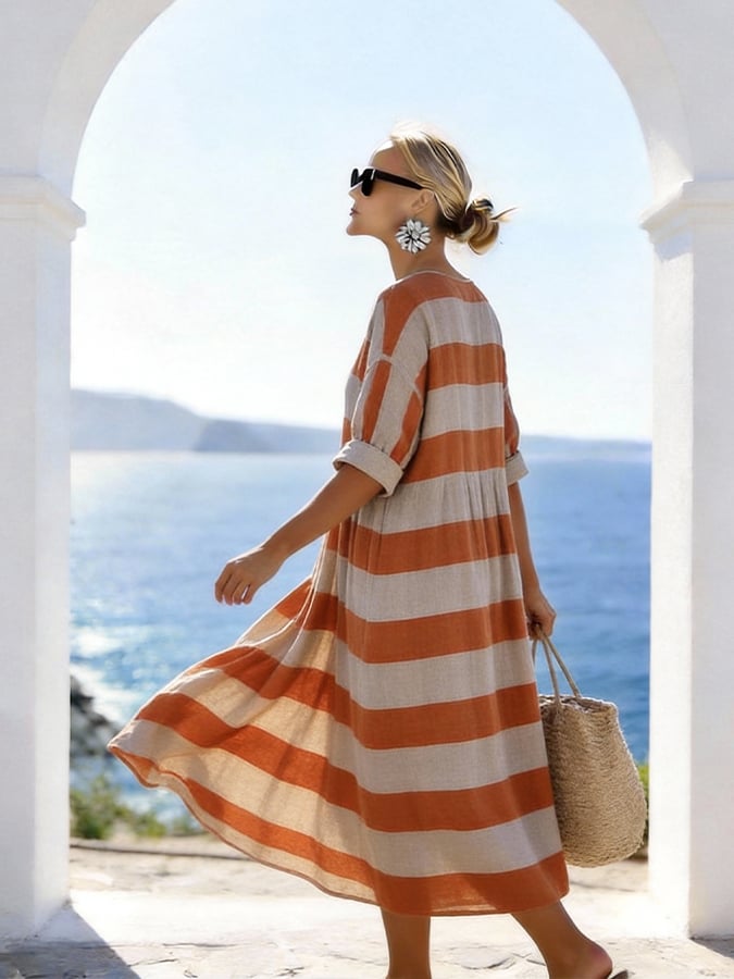 Women'S Casual Round-Neck Striped Vacation Dress