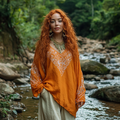 Bohemian Tribal Embroidery Print Cotton And Linen Blend Loose Blouse