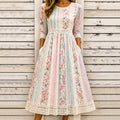 Women's Vintage Floral Patchwork Art Round Neck Midi Dress