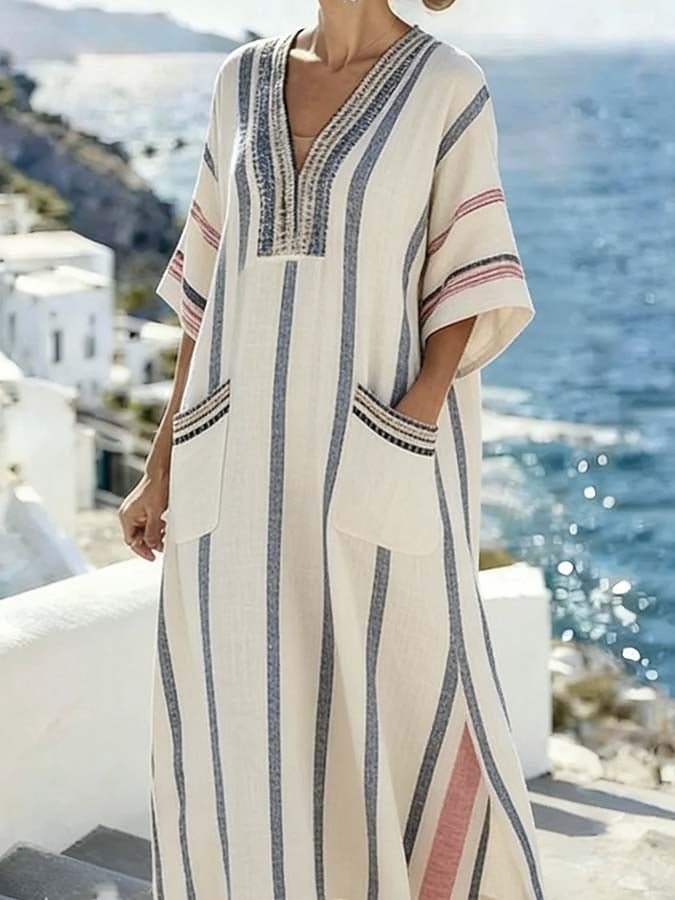 Women'S Casual Color-Block Striped Dress