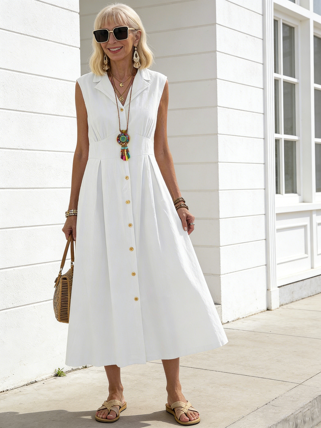 Long Dress Polo Neck Suit Collar Solid Color Button Sleeveless Dress