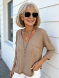 V-Neck Long Sleeve Pocket Casual Knitted Sweater Top