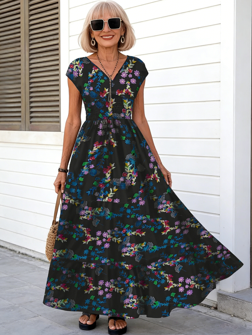 Paisley Print Dress Women's Summer Fashion Elegant Short-sleeved V-neck Dress Long Dress