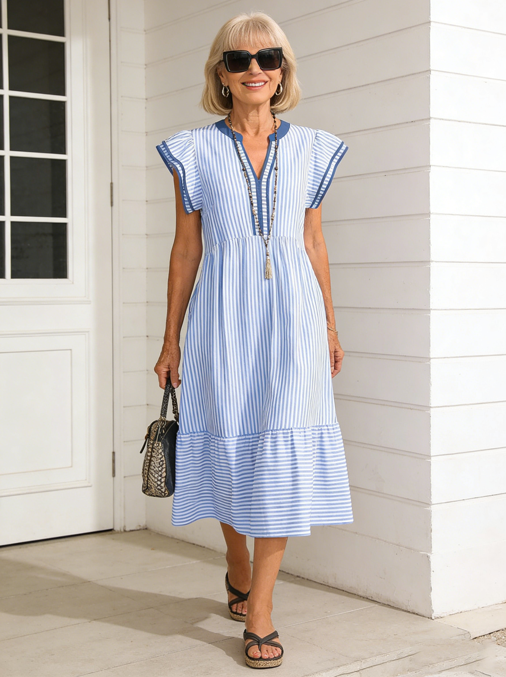 Striped Double Frilly Short Sleeve Contrast V-Neck Skirt