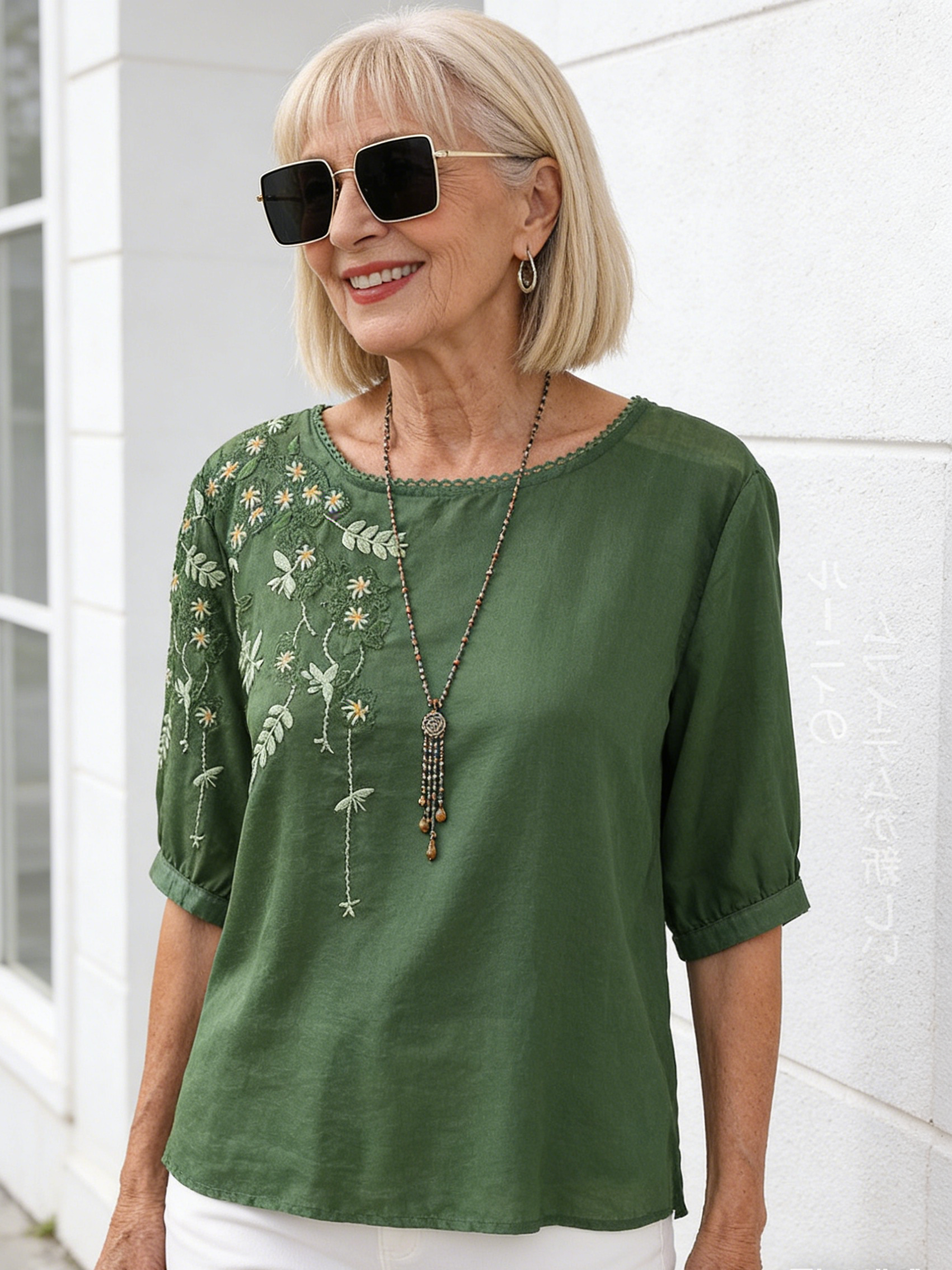 Thin Shirt Cotton and Linen Embroidered T-shirt Short Sleeve Literary and Retro Loose and Thin