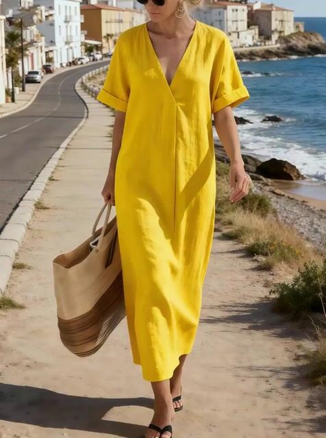 Women's V-Neck Casual Loose Short-Sleeved Dress