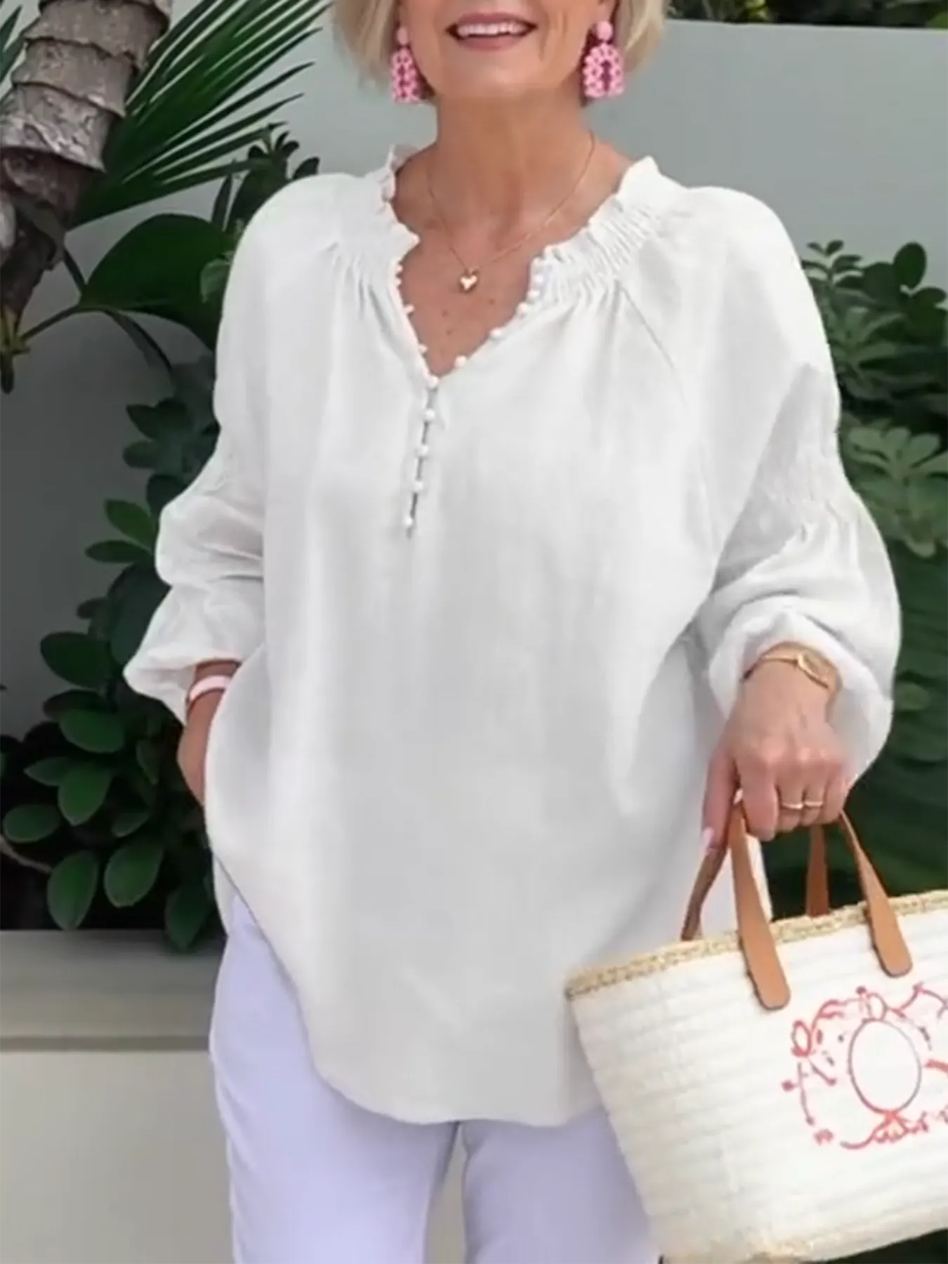 Casual V-neck Solid Color Cotton and Linen Long-sleeved Top