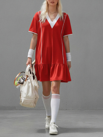 Women's Red & White Knit Tennis Dress With V-Neck & Ruffle Hem, Contemporary Sporty-Chic Tennis Dress MDZ2307D4LYL